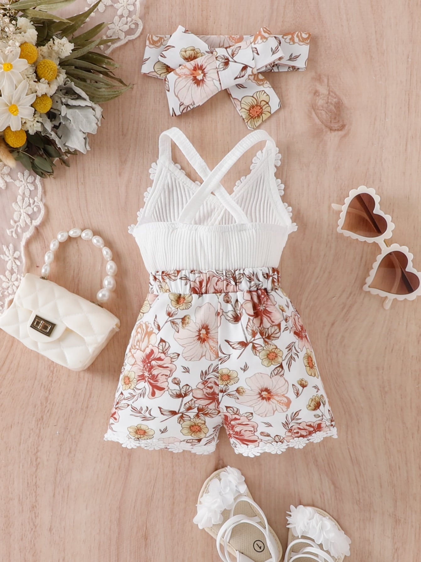 Baby Floral Print Appliques Crisscross Back Cami Romper
