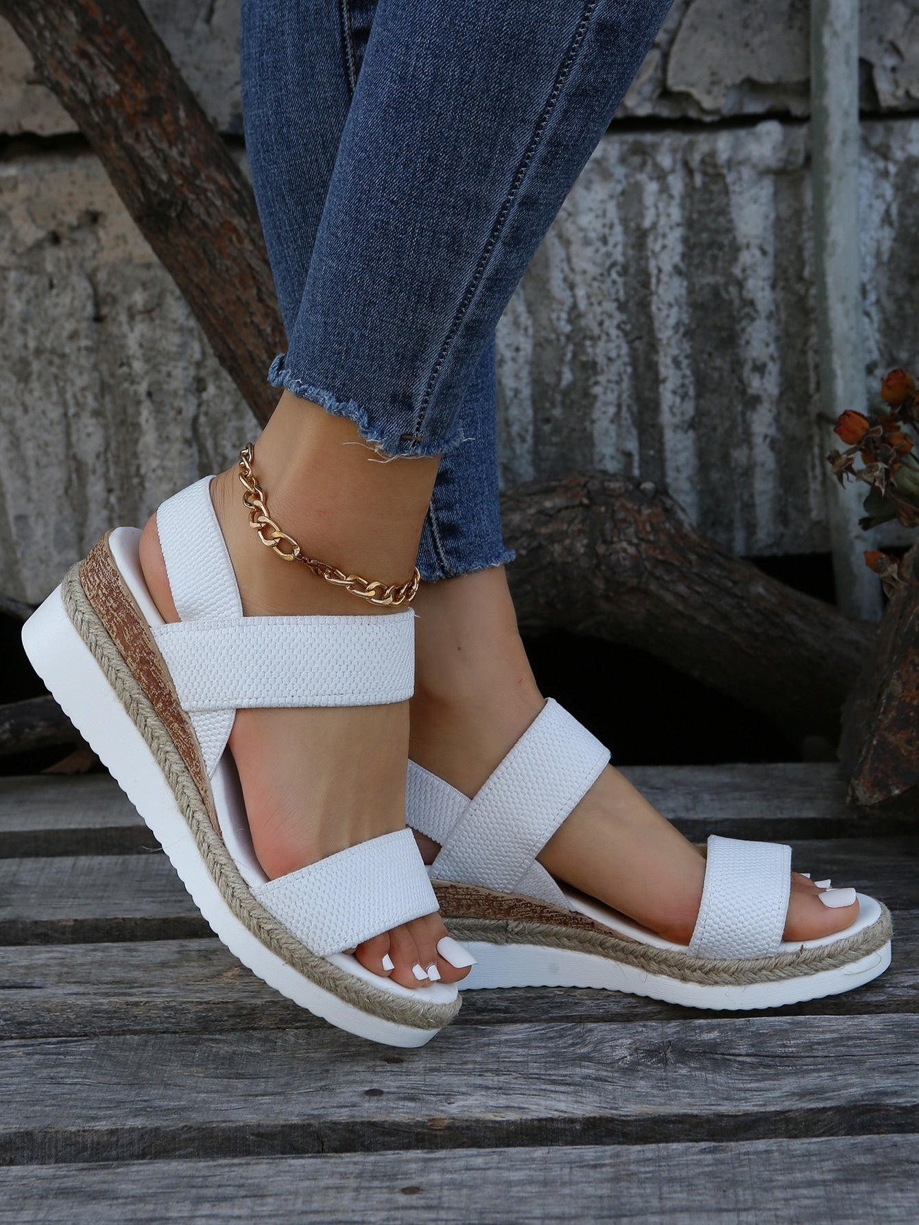 Women Double Band Slingback Sandals Vacation Outdoor Fabric Wedge Sandals