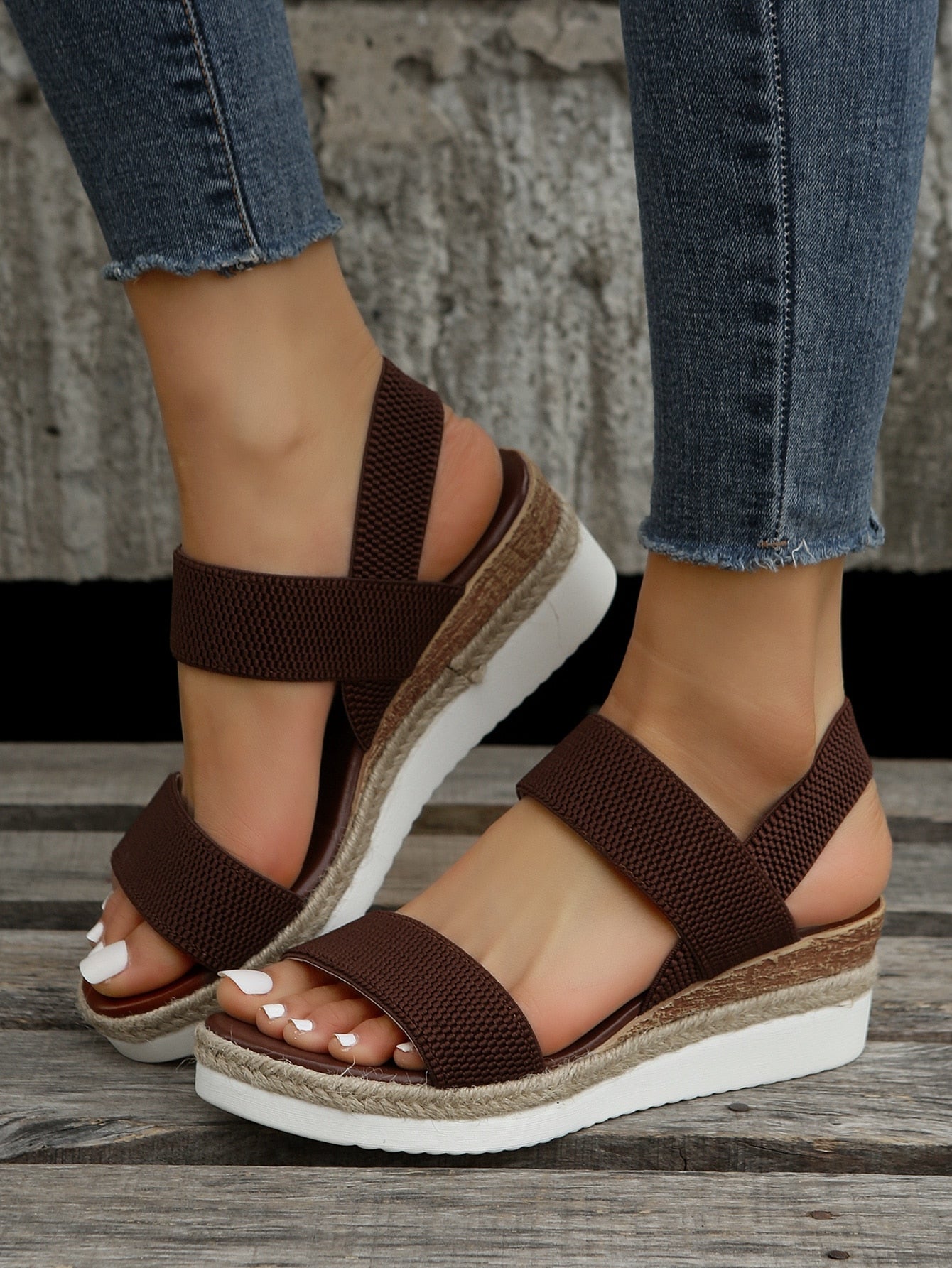 Women Double Band Slingback Sandals Vacation Outdoor Fabric Wedge Sandals