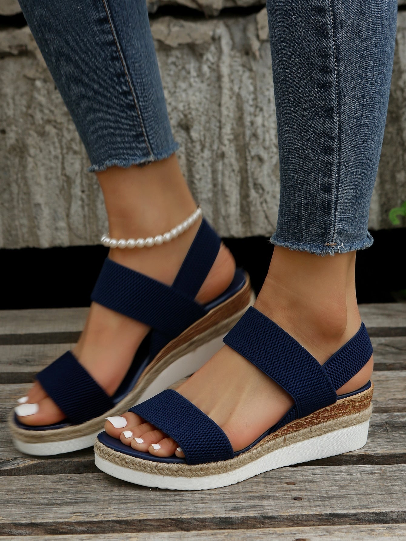 Women Double Band Slingback Sandals Vacation Outdoor Fabric Wedge Sandals