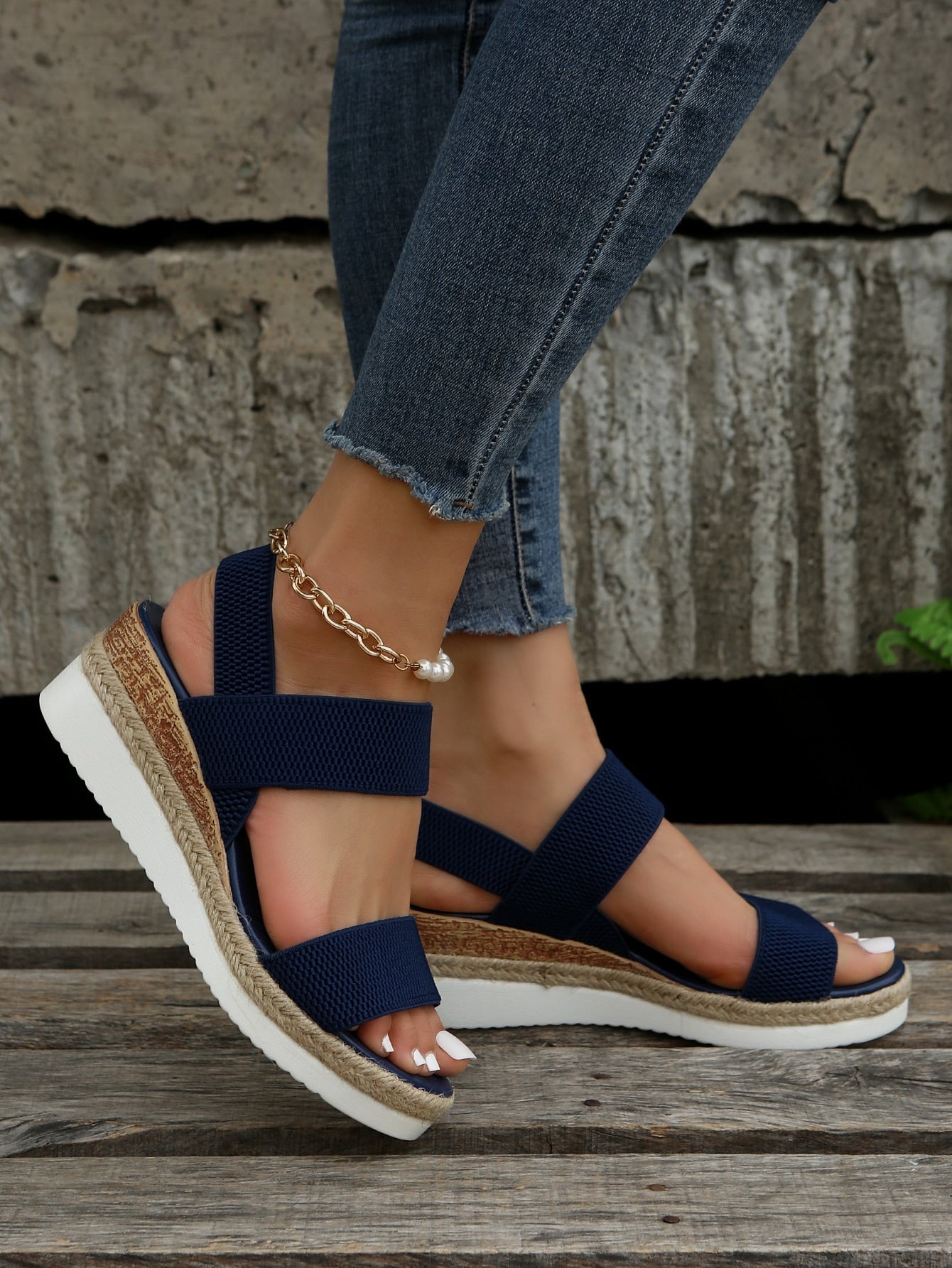 Women Double Band Slingback Sandals Vacation Outdoor Fabric Wedge Sandals