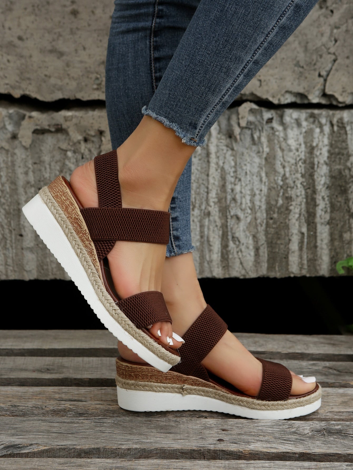 Women Double Band Slingback Sandals Vacation Outdoor Fabric Wedge Sandals