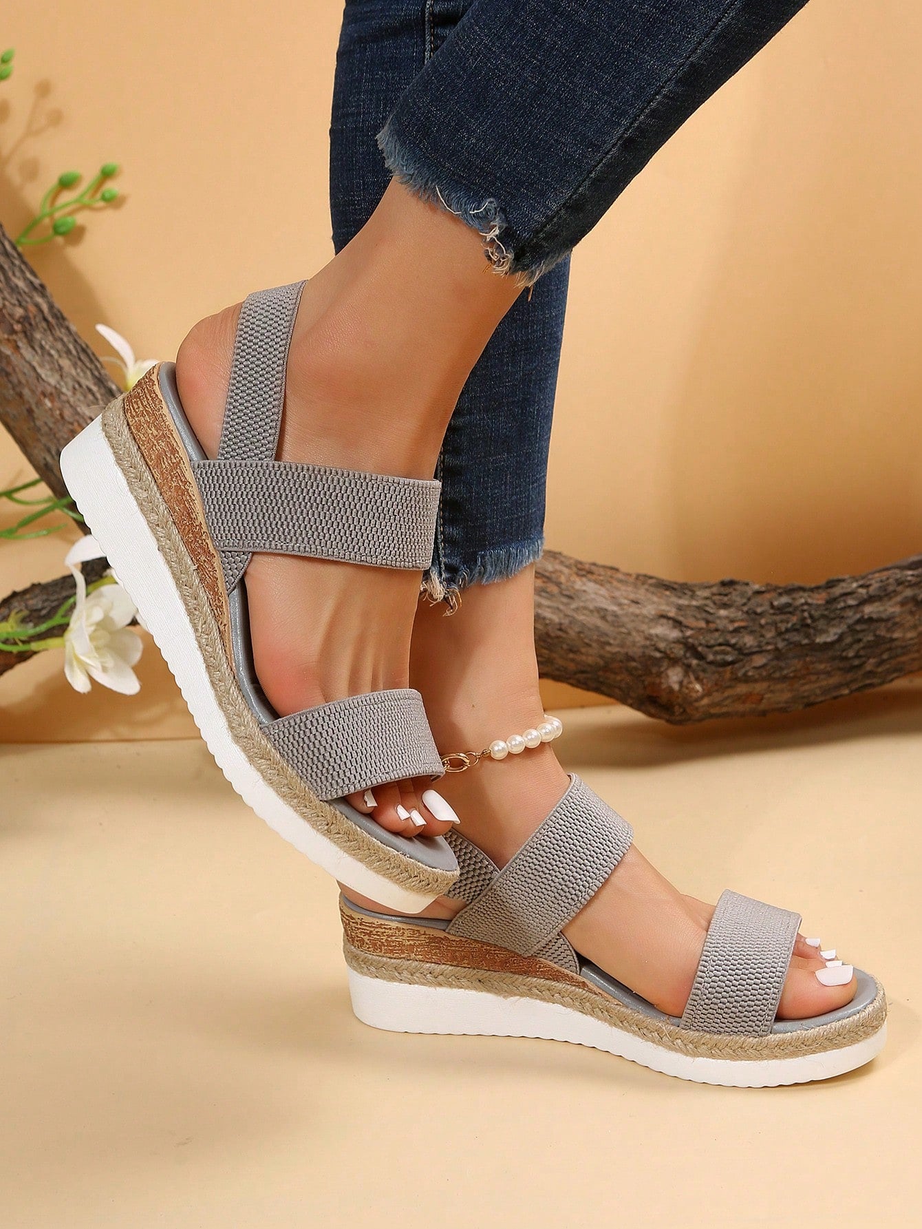 Women Double Band Slingback Sandals Vacation Outdoor Fabric Wedge Sandals