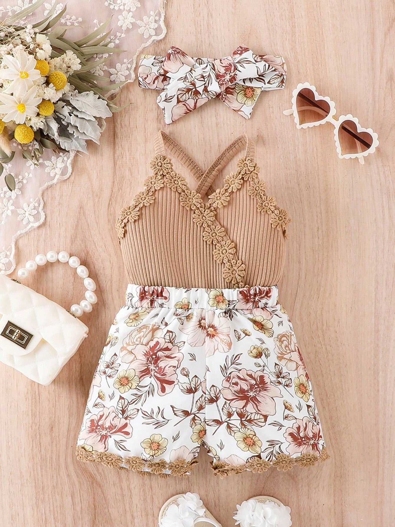 Baby Floral Print Appliques Crisscross Back Cami Romper