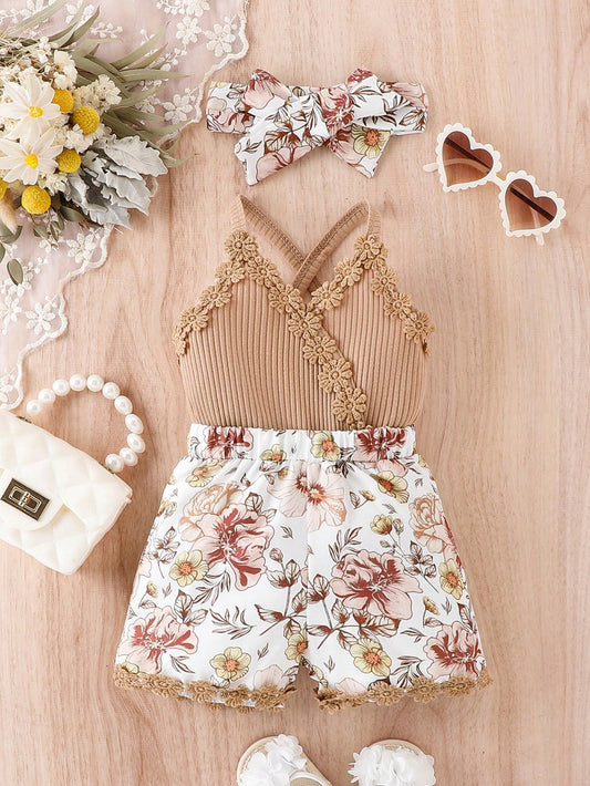 Baby Floral Print Appliques Crisscross Back Cami Romper