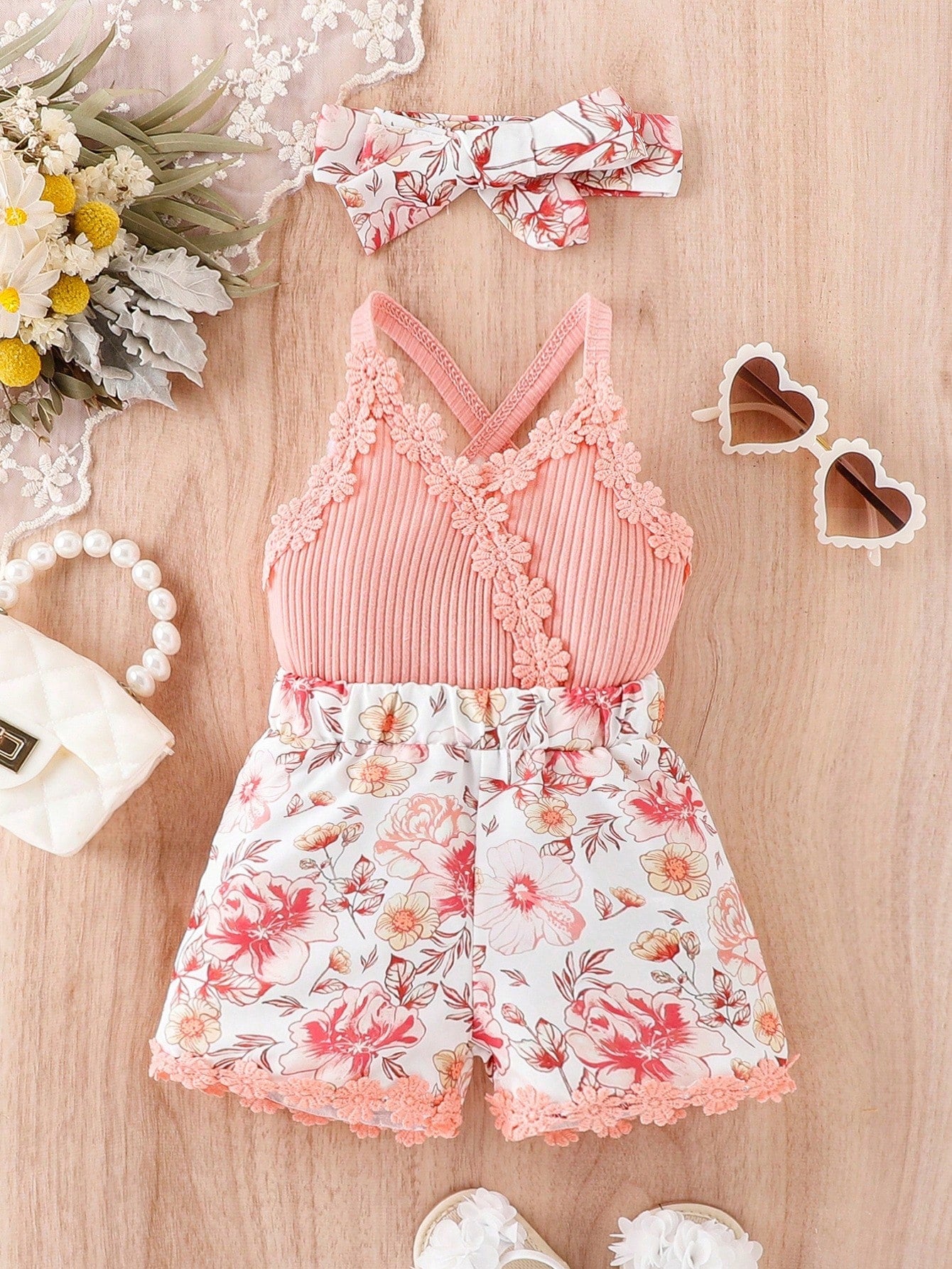 Baby Floral Print Appliques Crisscross Back Cami Romper