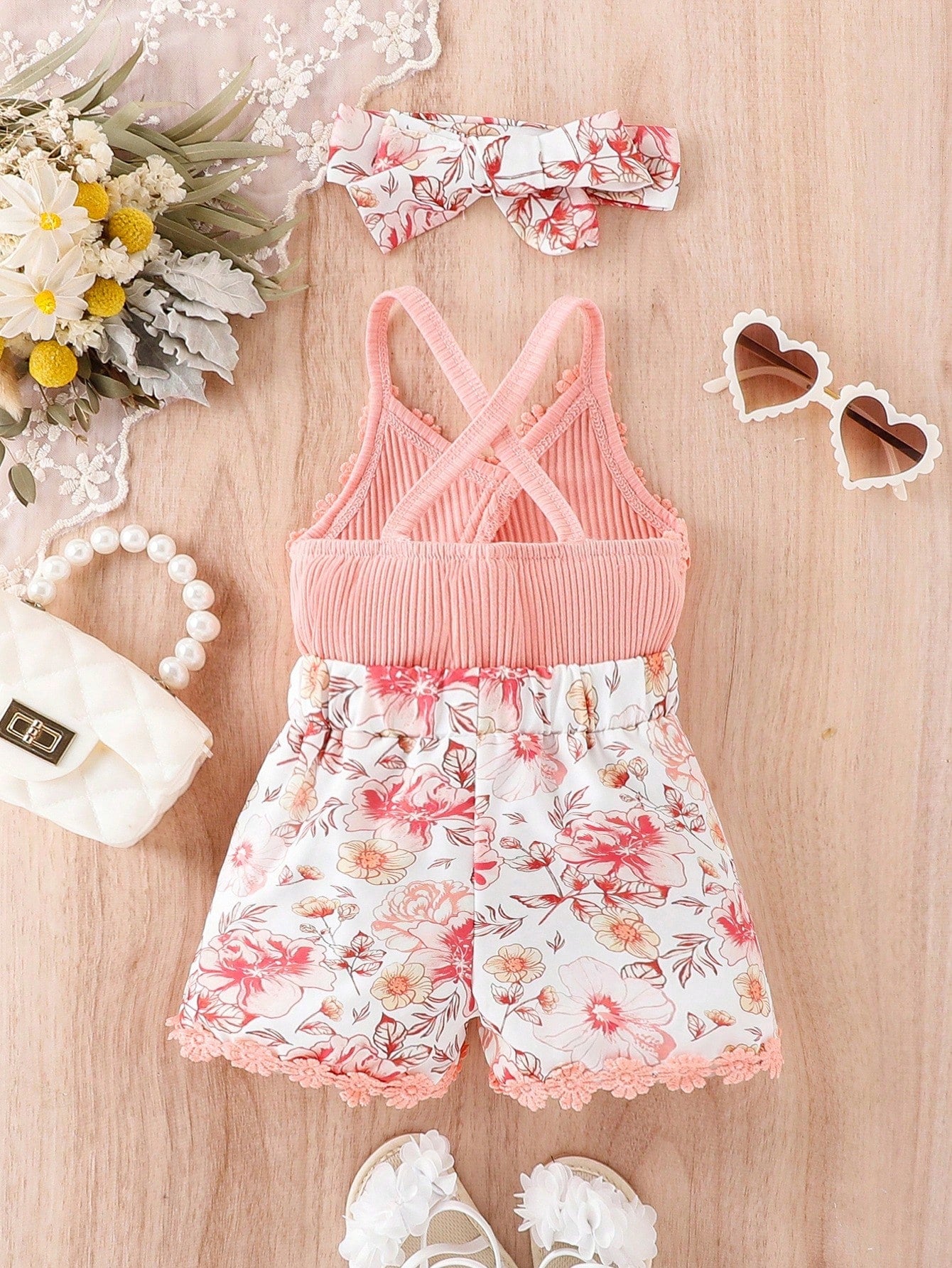 Baby Floral Print Appliques Crisscross Back Cami Romper