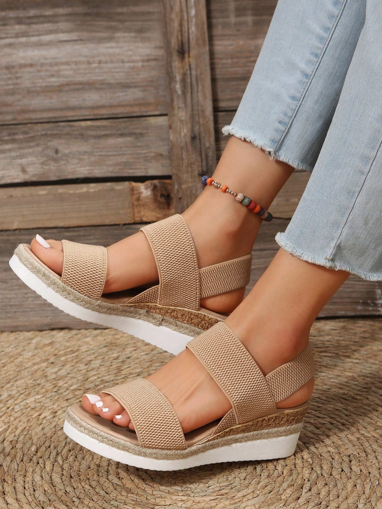 Women Double Band Slingback Sandals Vacation Outdoor Fabric Wedge Sandals