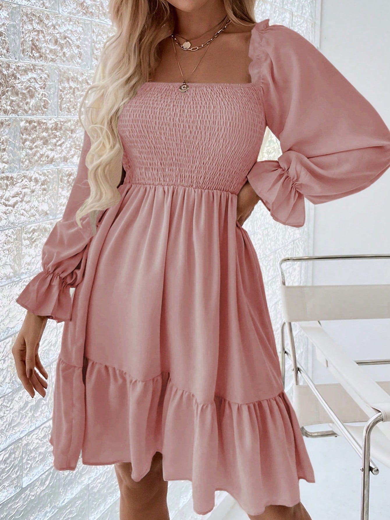 Square Neck Shirred Bodice Flounce Sleeve Ruffle Hem Dress