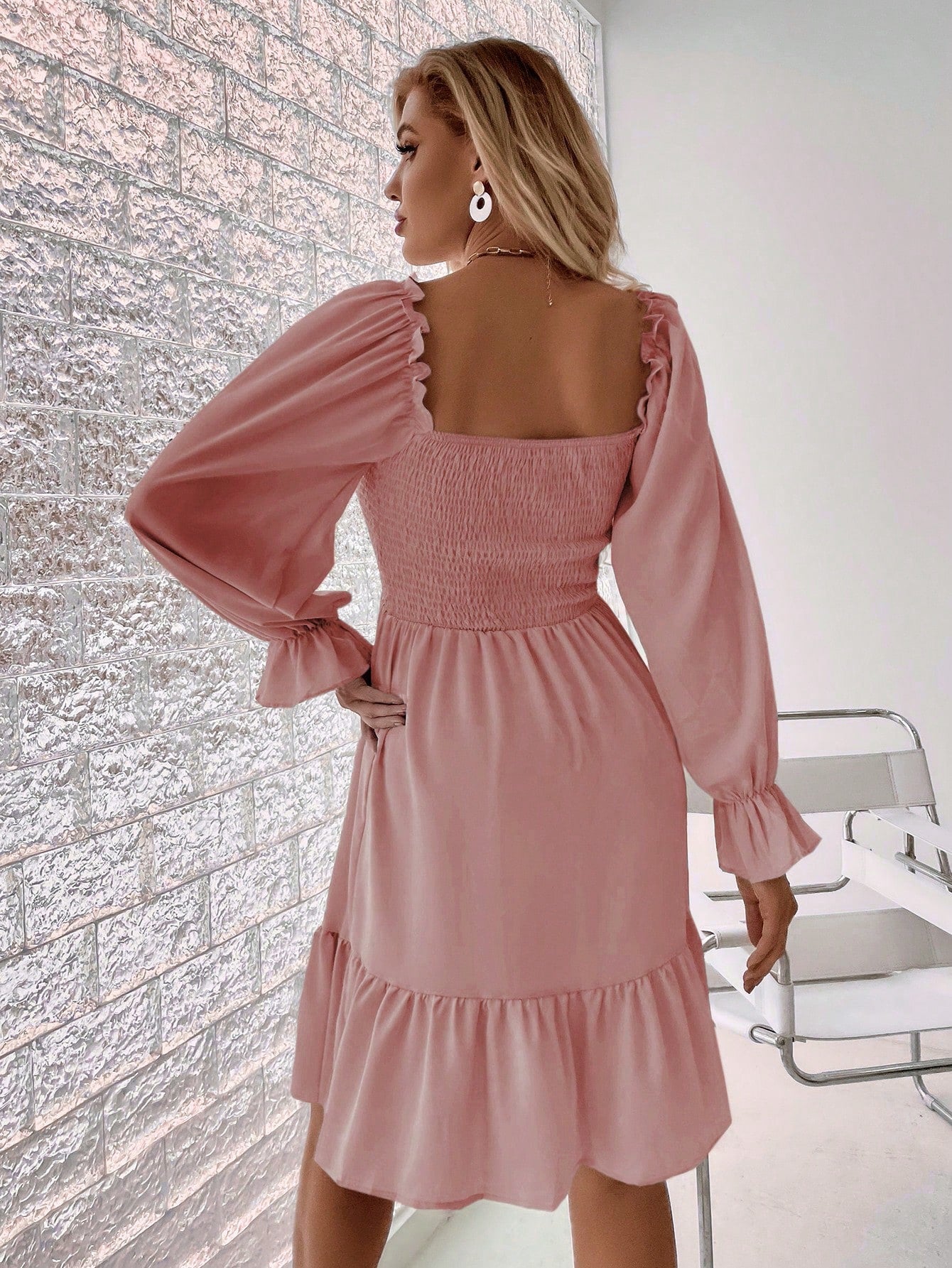 Square Neck Shirred Bodice Flounce Sleeve Ruffle Hem Dress