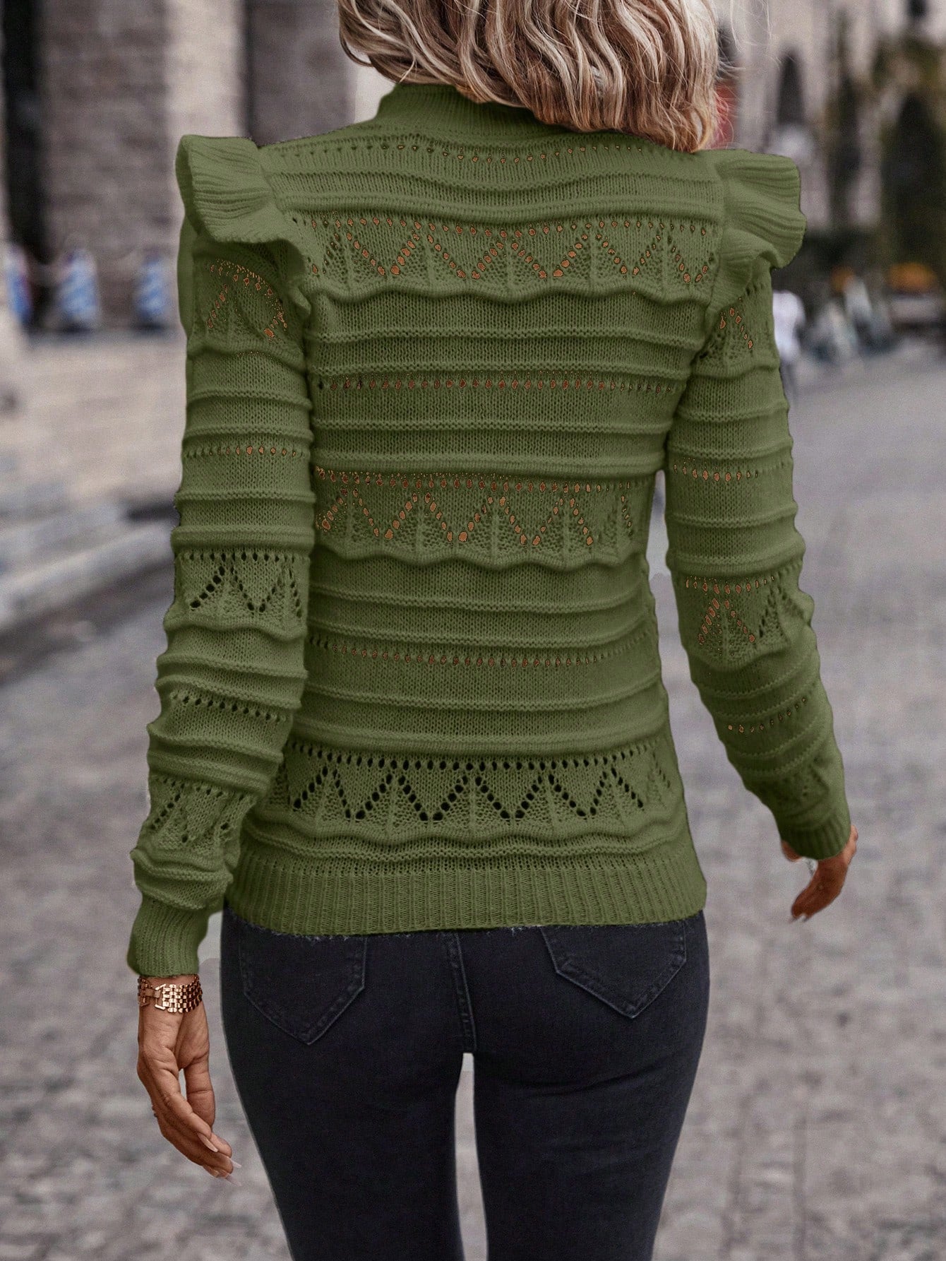 Solid Ruffle Trim Pointelle Knit Sweater