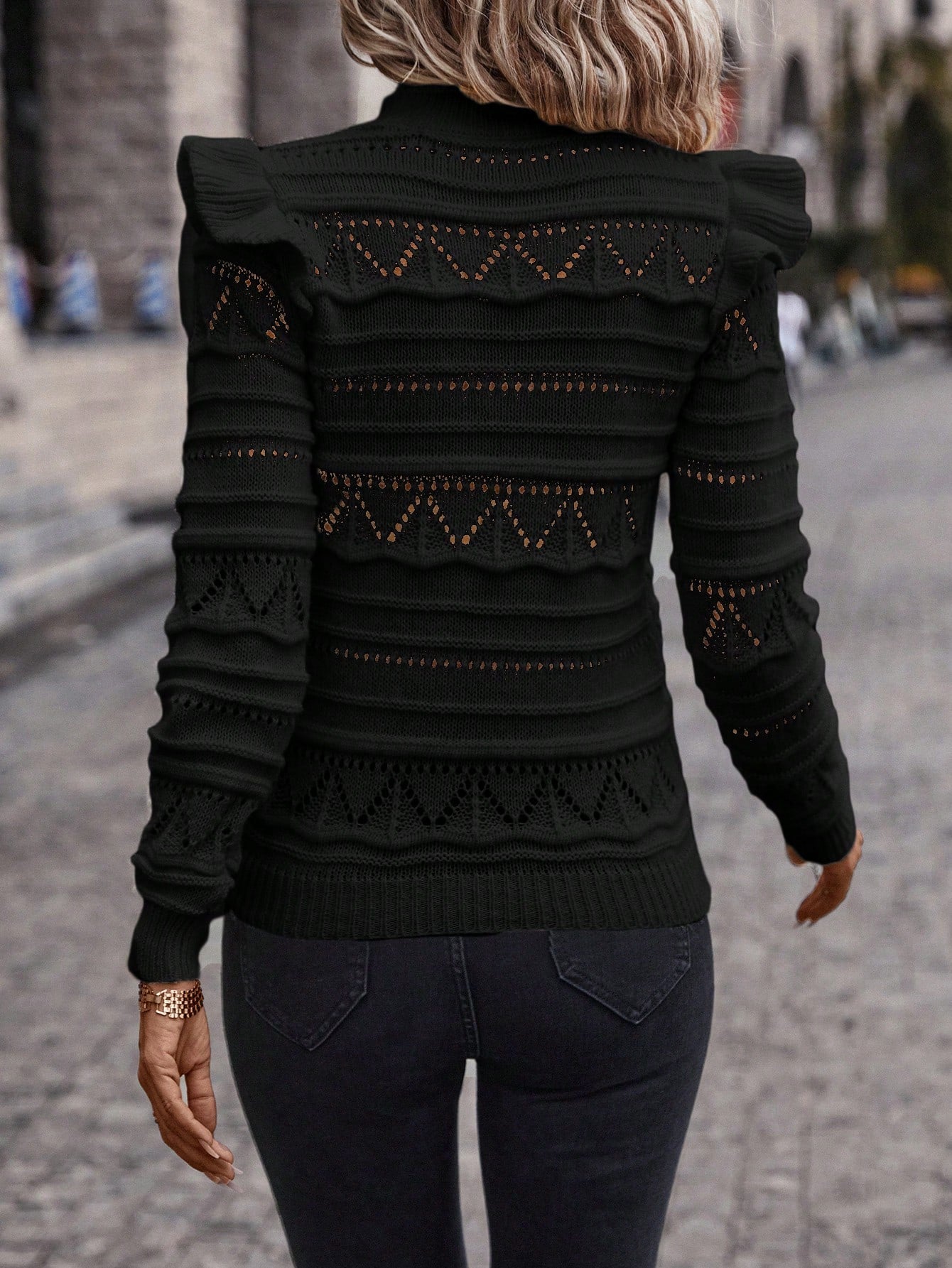 Solid Ruffle Trim Pointelle Knit Sweater