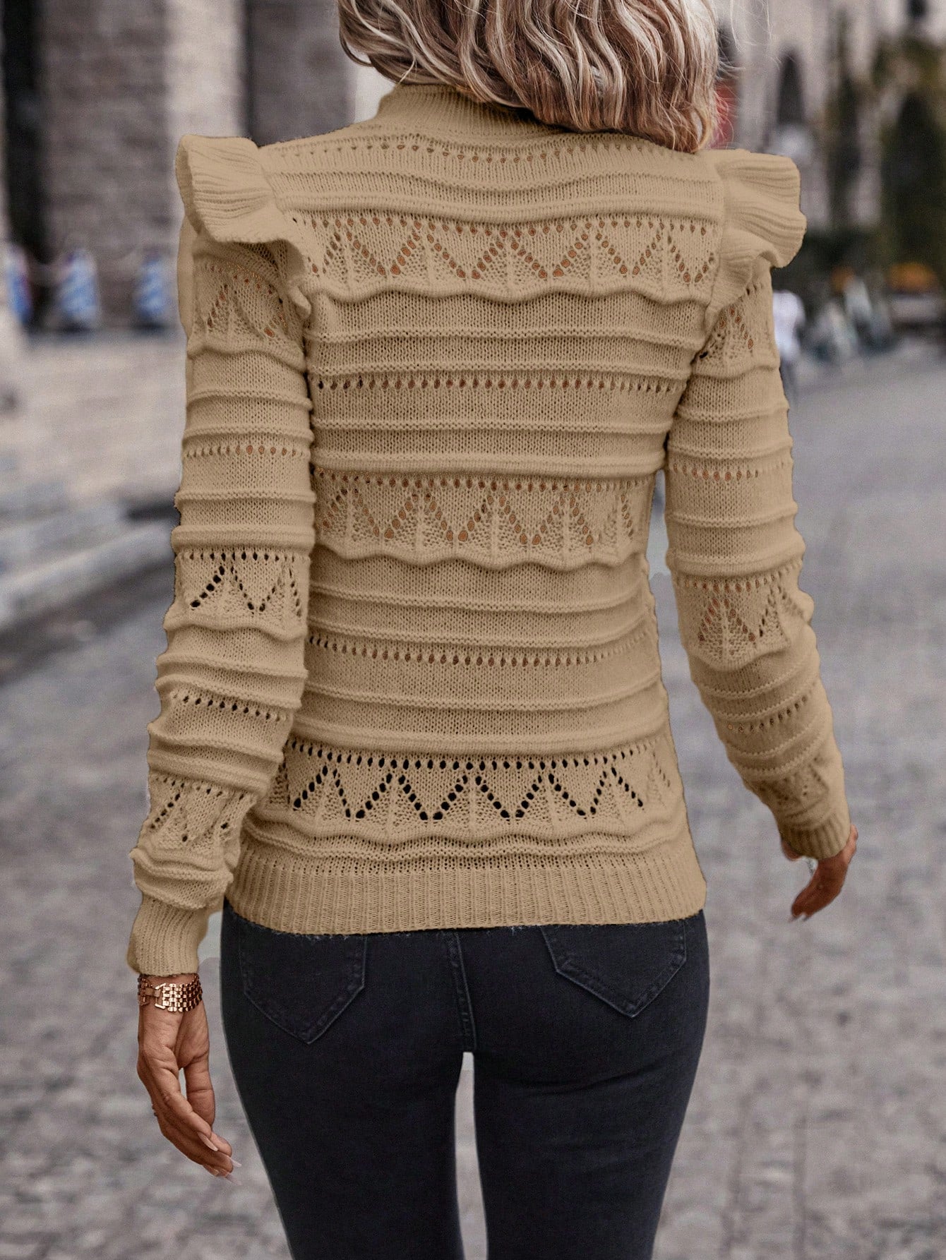 Solid Ruffle Trim Pointelle Knit Sweater