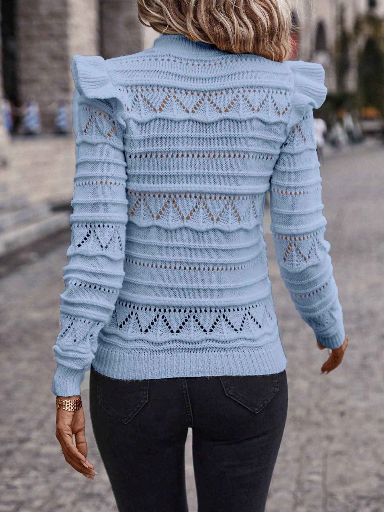 Solid Ruffle Trim Pointelle Knit Sweater