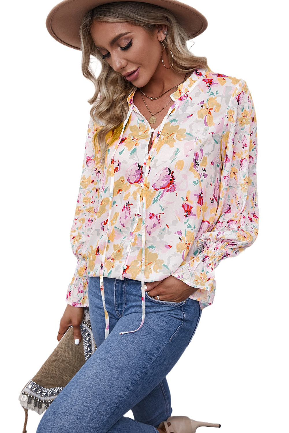 Pink Floral Print Bohemian Button Tie Front Blouse