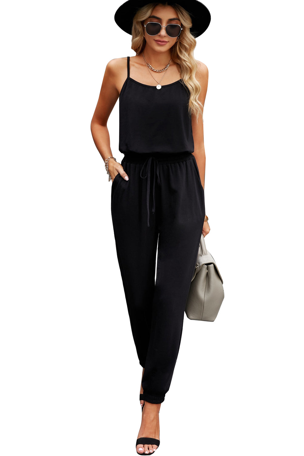 Basic Pockets Spaghetti Strap Drawstring Waist Jumpsuit