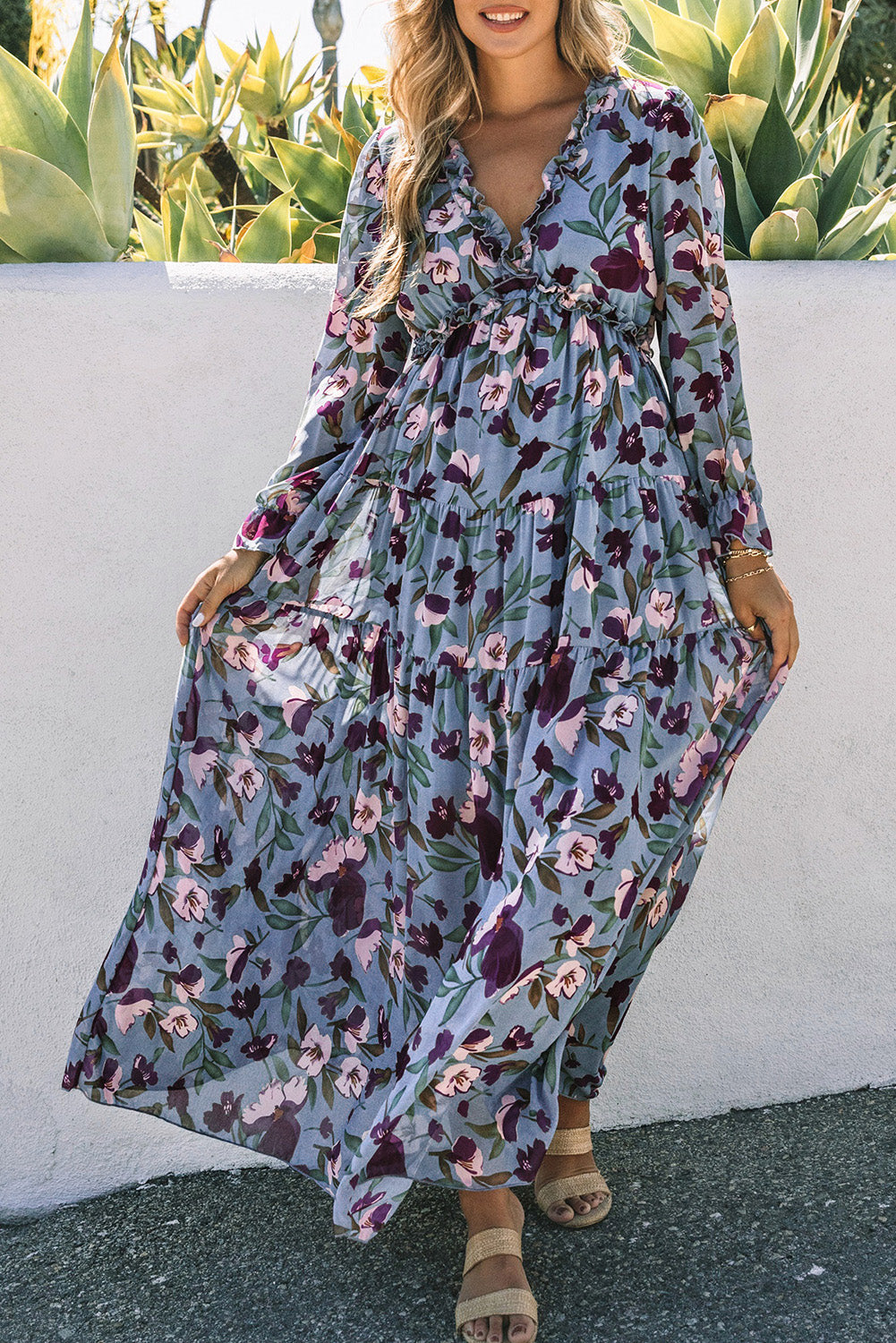 Pastel Red Floral Print Ruffle Trim Plunge Neckline Maxi Dress