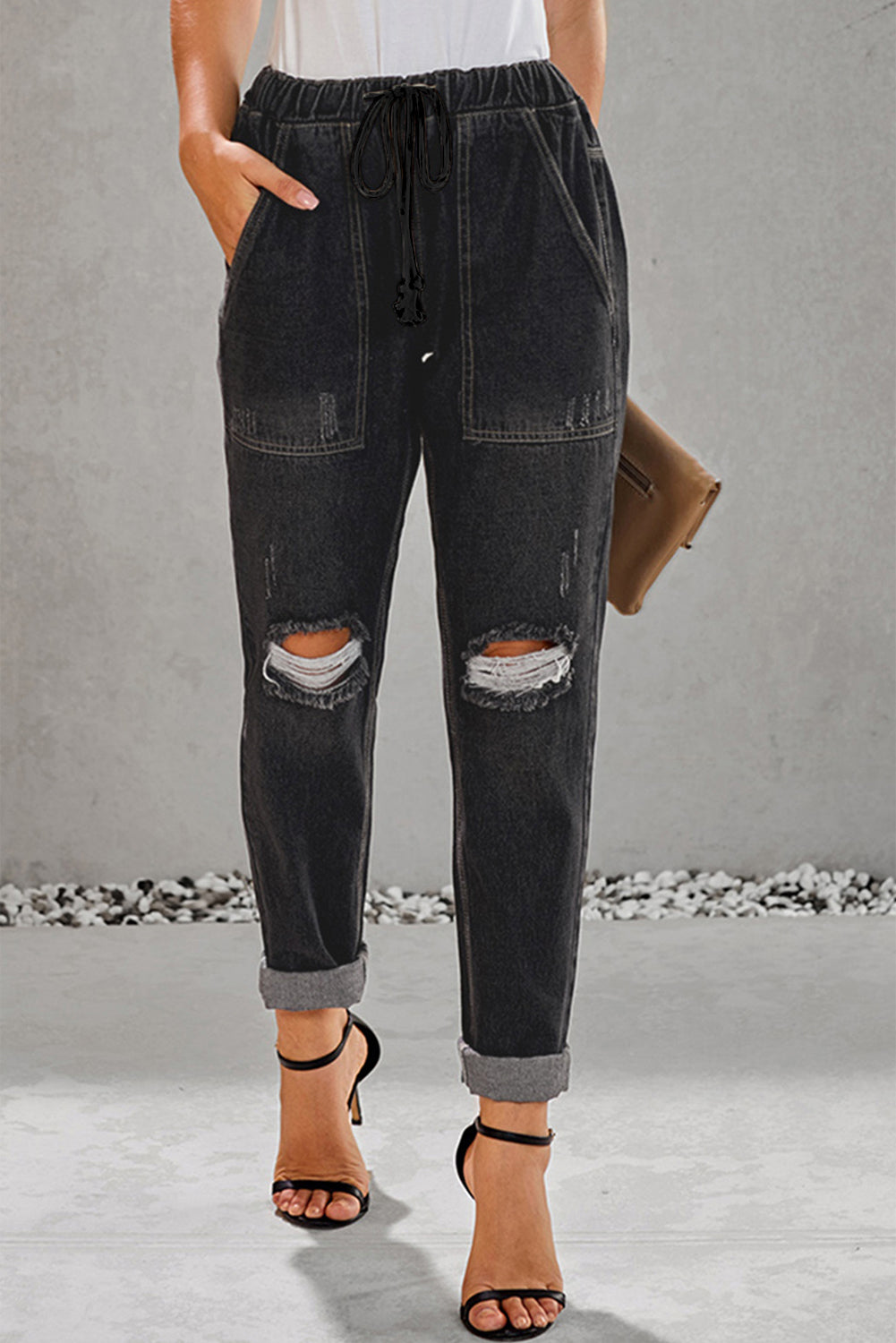 Dark Blue Casual Gather Round Distressed Pocketed Jeans