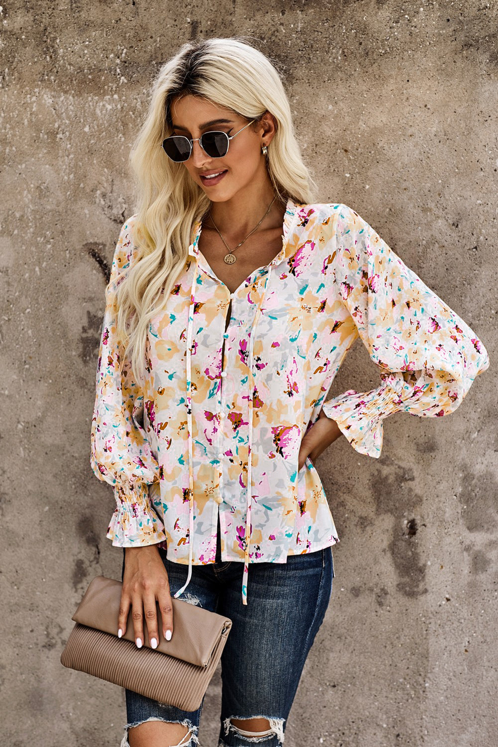 Pink Floral Print Bohemian Button Tie Front Blouse