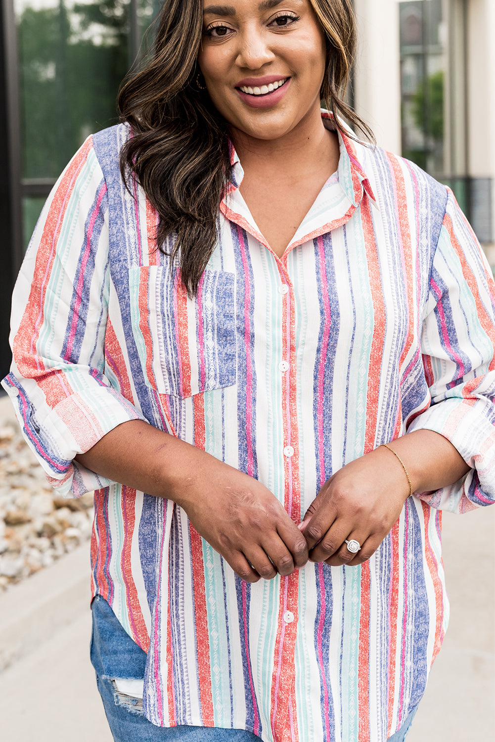 Button Up Collared Stripes Shirt for Women