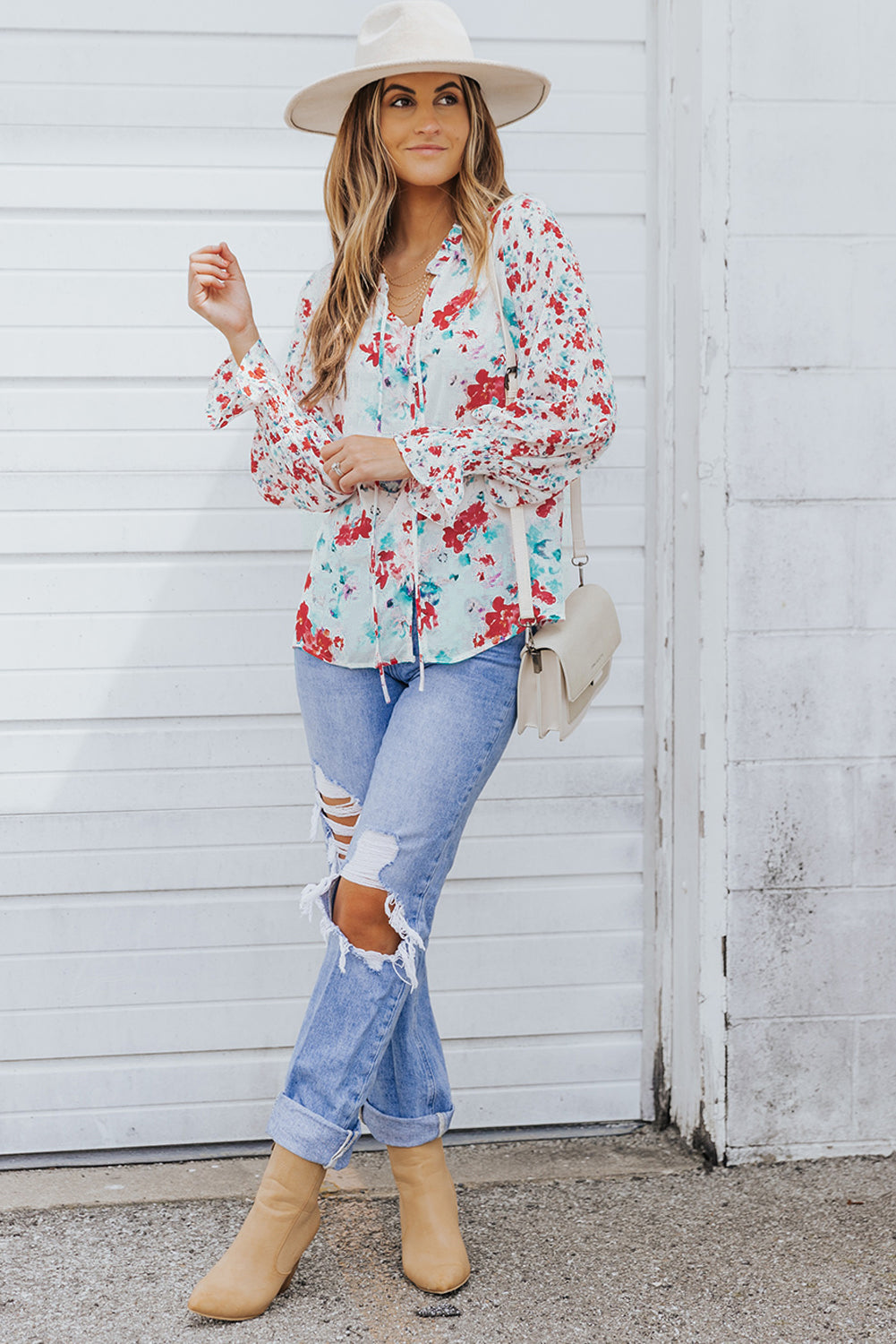 Pink Floral Print Bohemian Button Tie Front Blouse