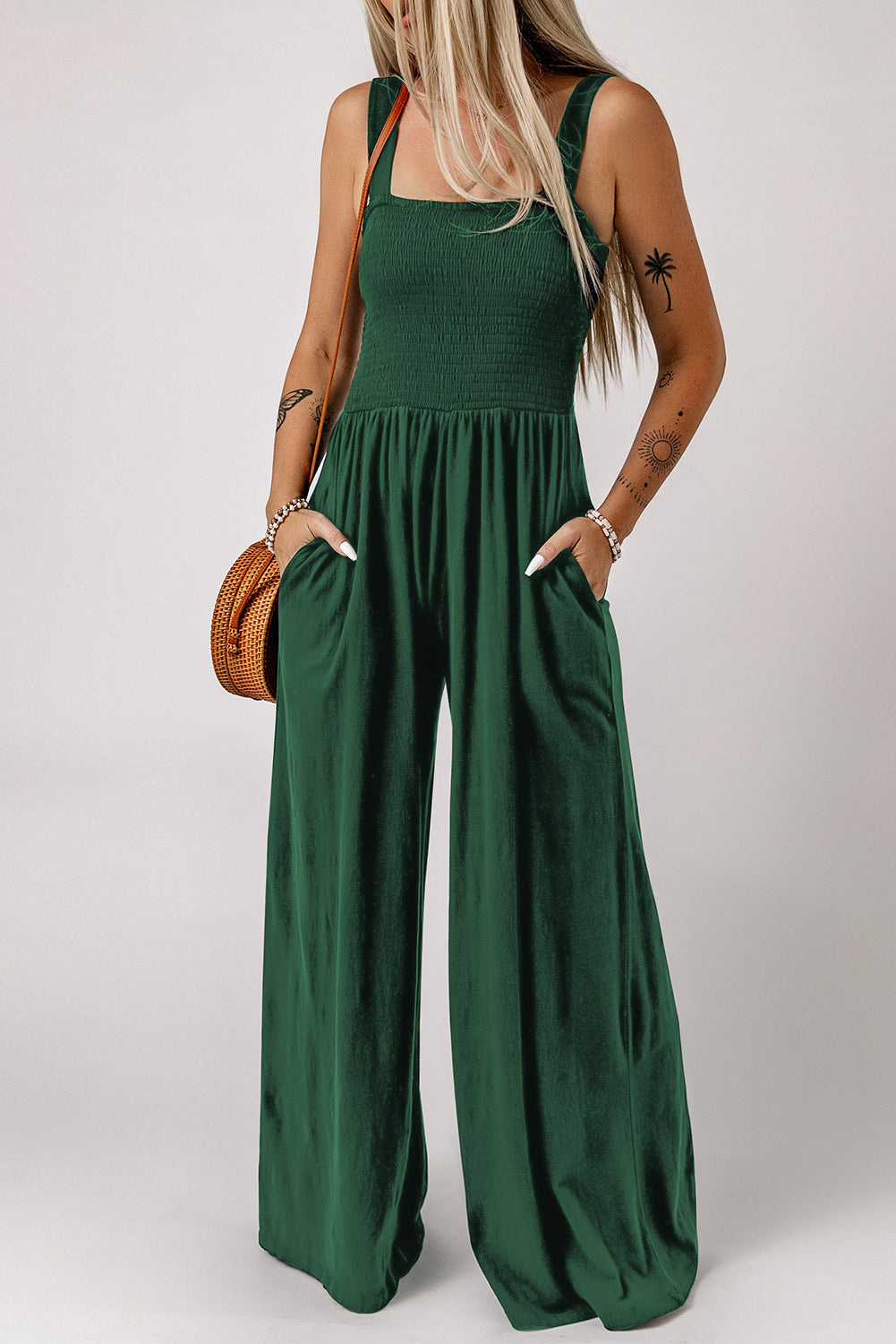 Casual Smocked Sleeveless Wide Leg Jumpsuit With Pockets