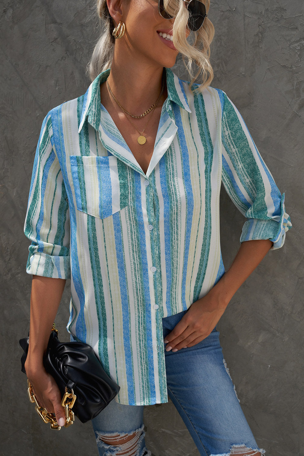 Button Up Collared Stripes Shirt for Women