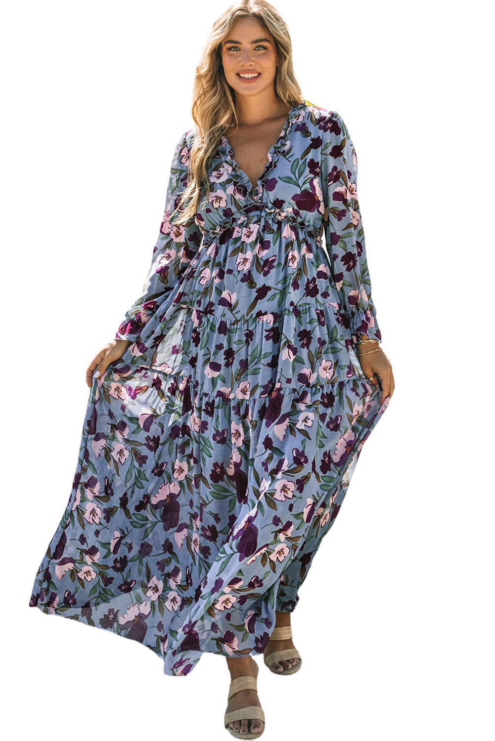 Pastel Red Floral Print Ruffle Trim Plunge Neckline Maxi Dress