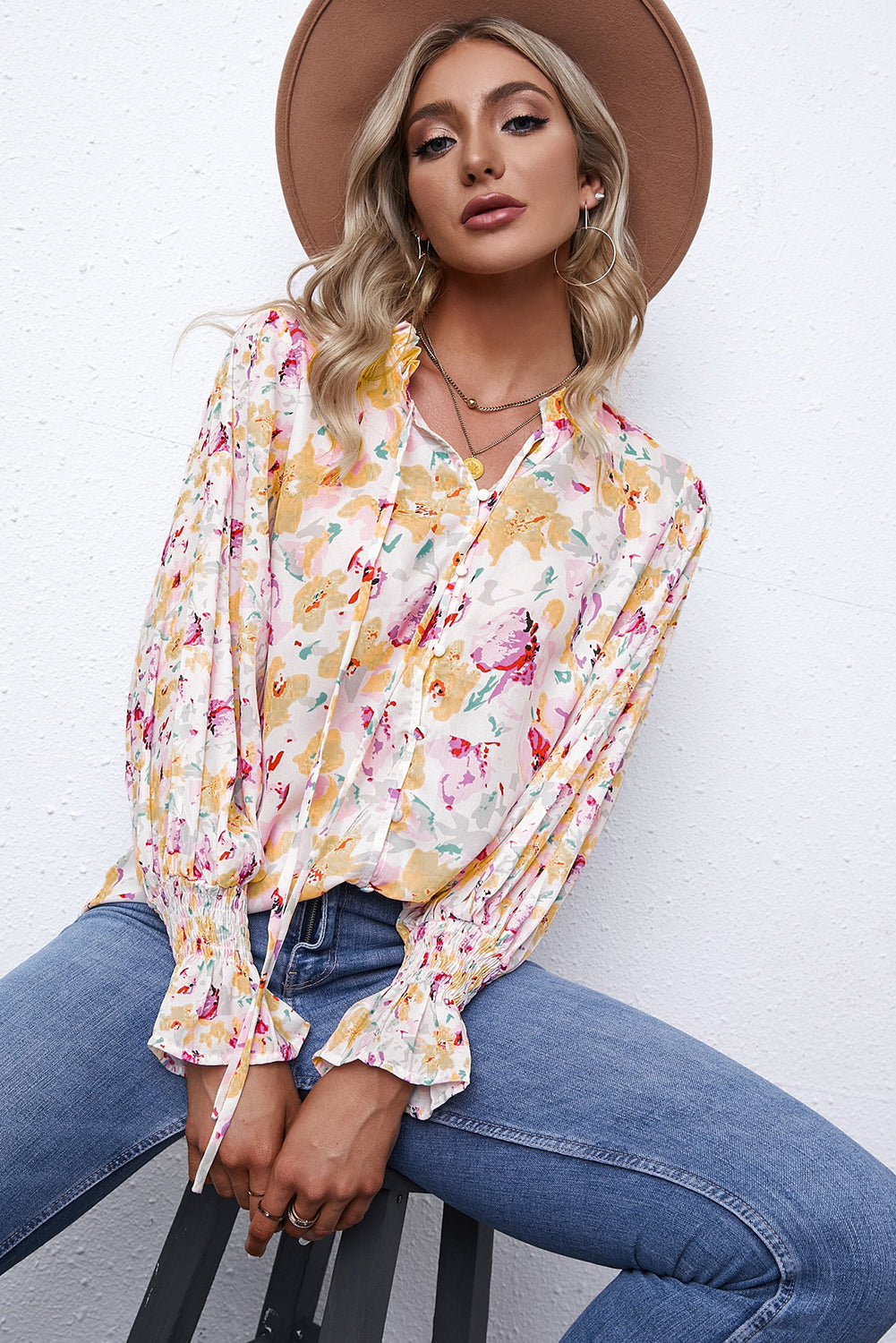 Pink Floral Print Bohemian Button Tie Front Blouse