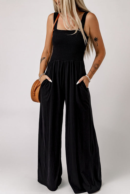 Casual Smocked Sleeveless Wide Leg Jumpsuit With Pockets