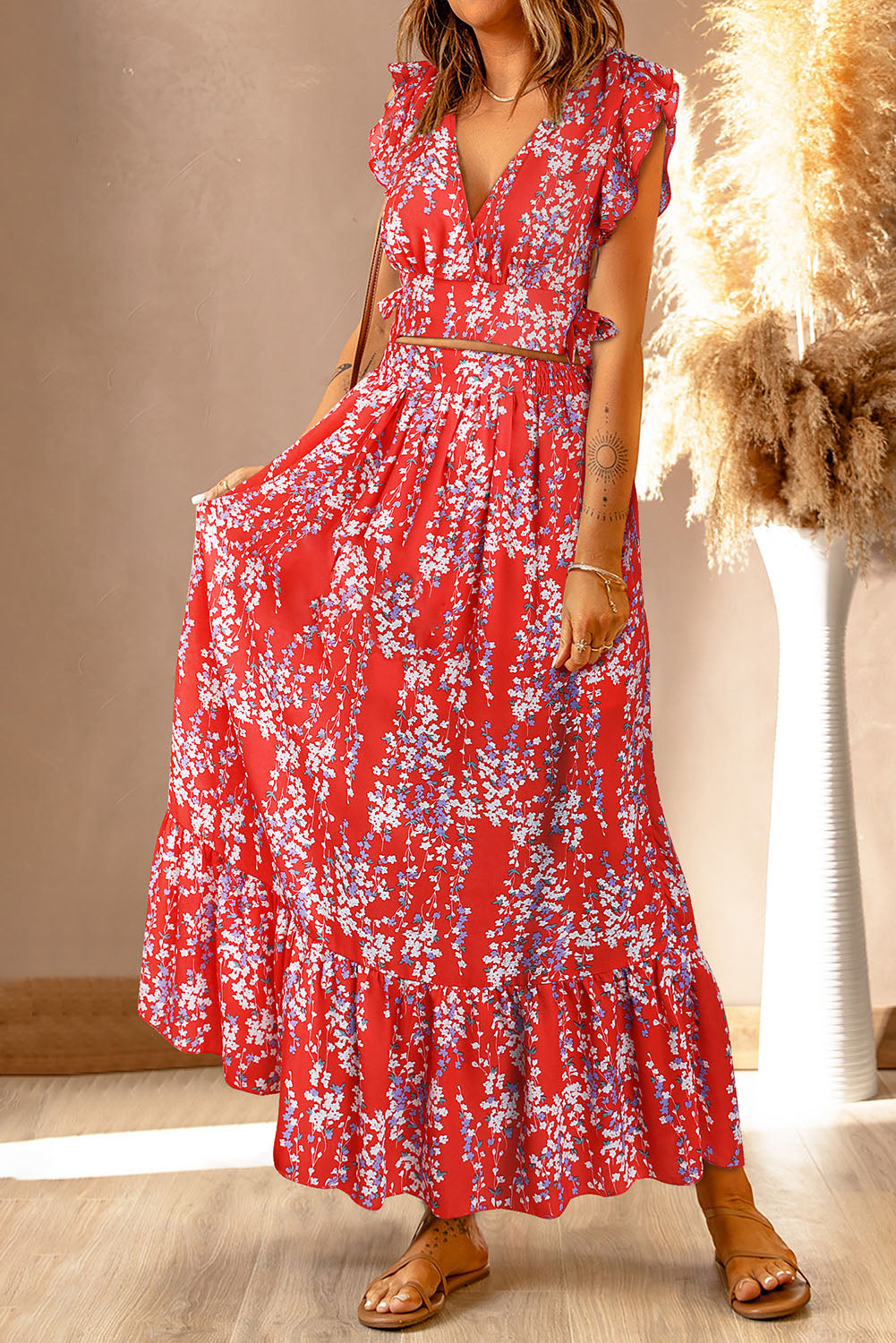 Ditsy Floral Print Ruffled Crop Top & Flounce Hem Maxi Skirt Set