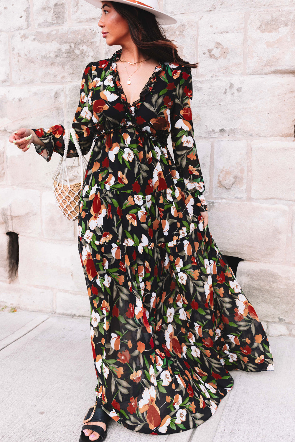 Pastel Red Floral Print Ruffle Trim Plunge Neckline Maxi Dress