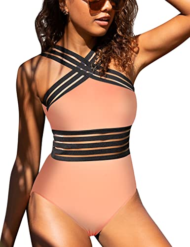 Women's One Piece Swimwear Front  Hollow Bathing Suits Monokinis salmon
