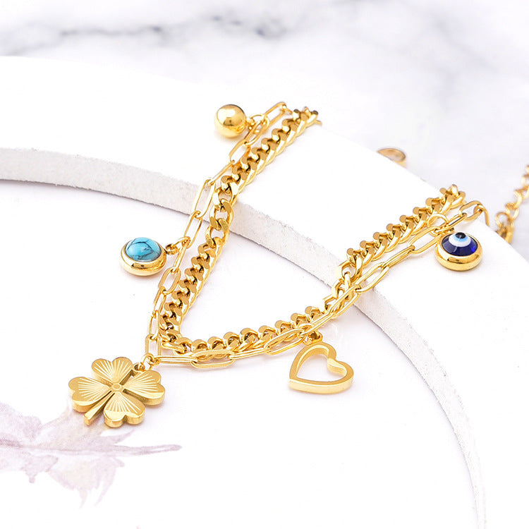 Geometric Blue-green Garnet Round Love Double-layer Bracelet