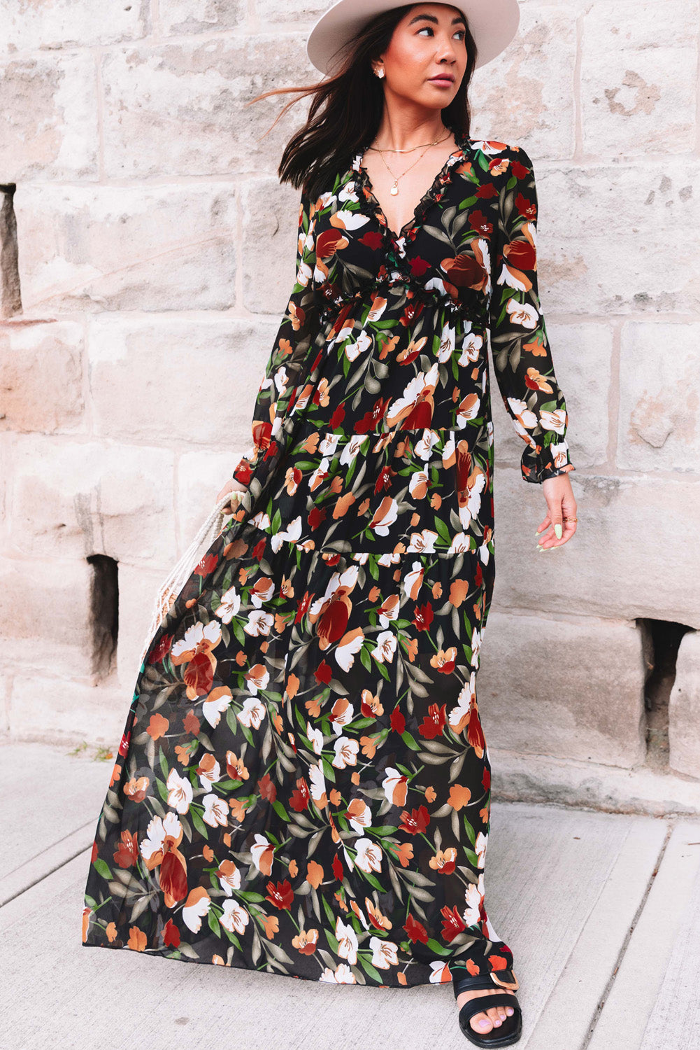 Pastel Red Floral Print Ruffle Trim Plunge Neckline Maxi Dress