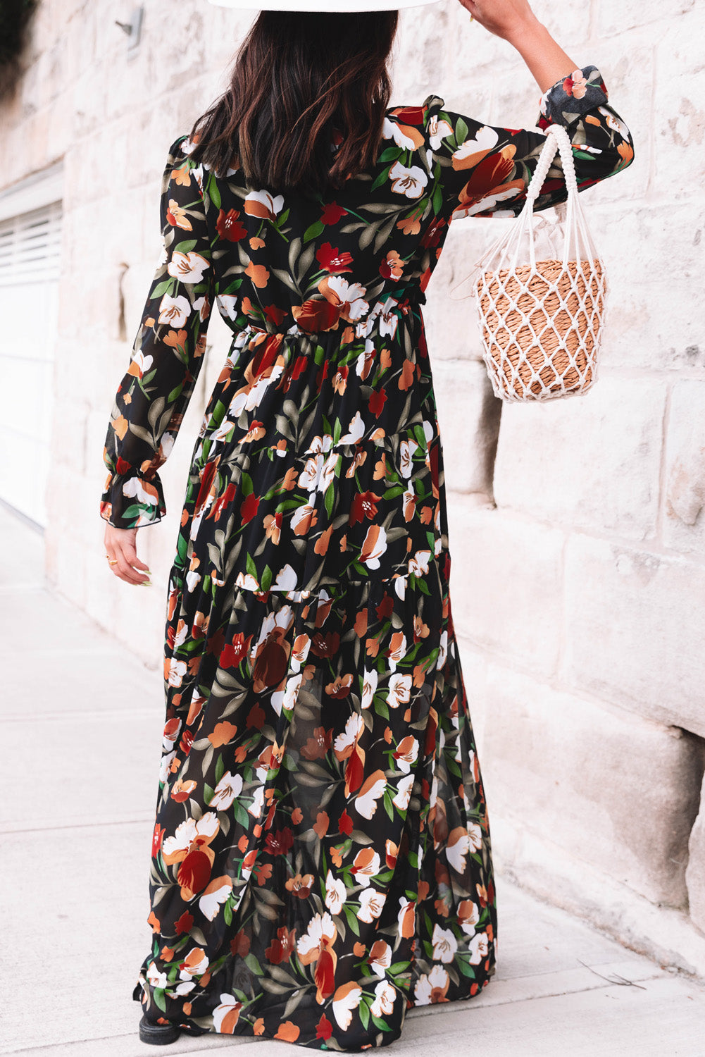 Pastel Red Floral Print Ruffle Trim Plunge Neckline Maxi Dress