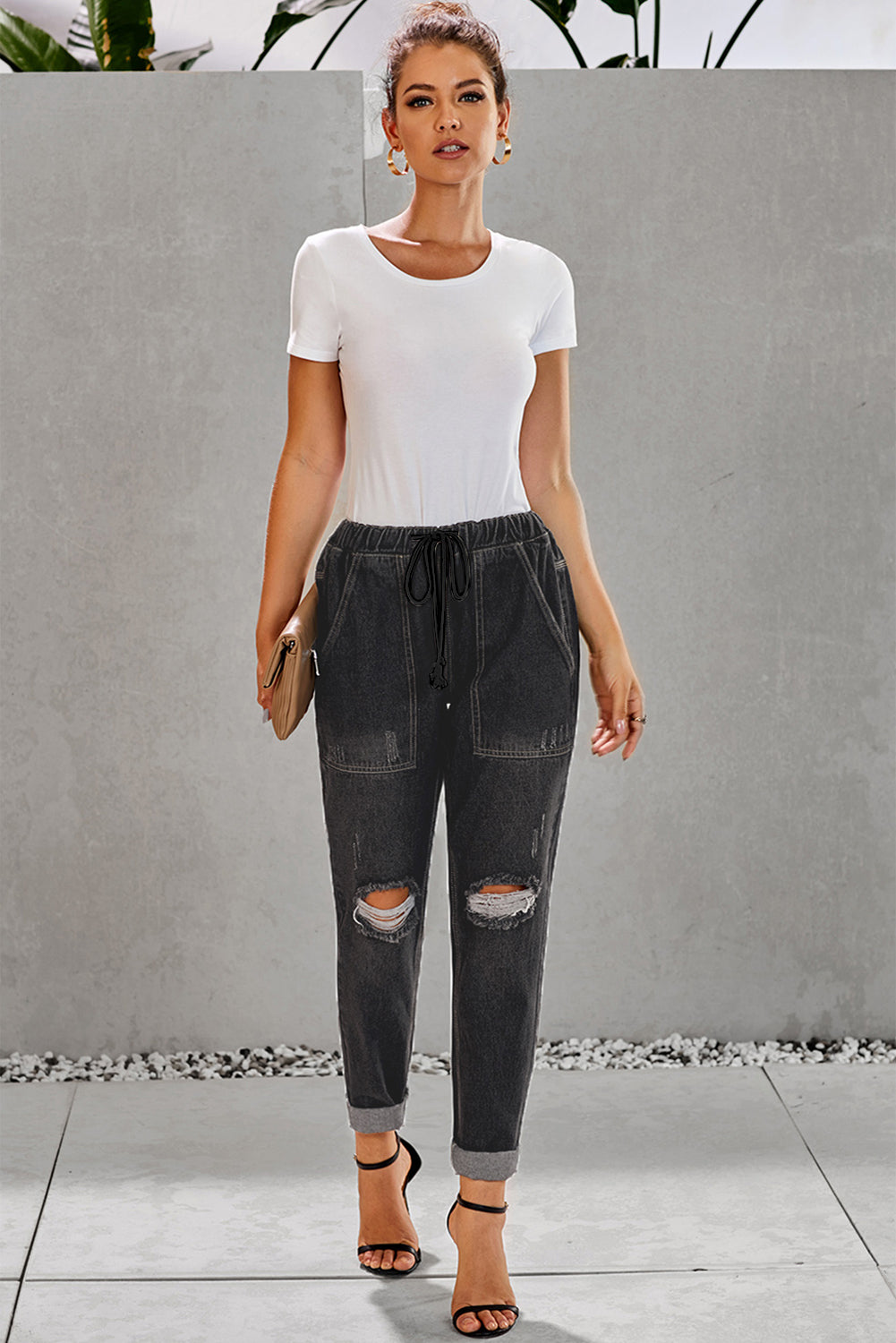 Dark Blue Casual Gather Round Distressed Pocketed Jeans