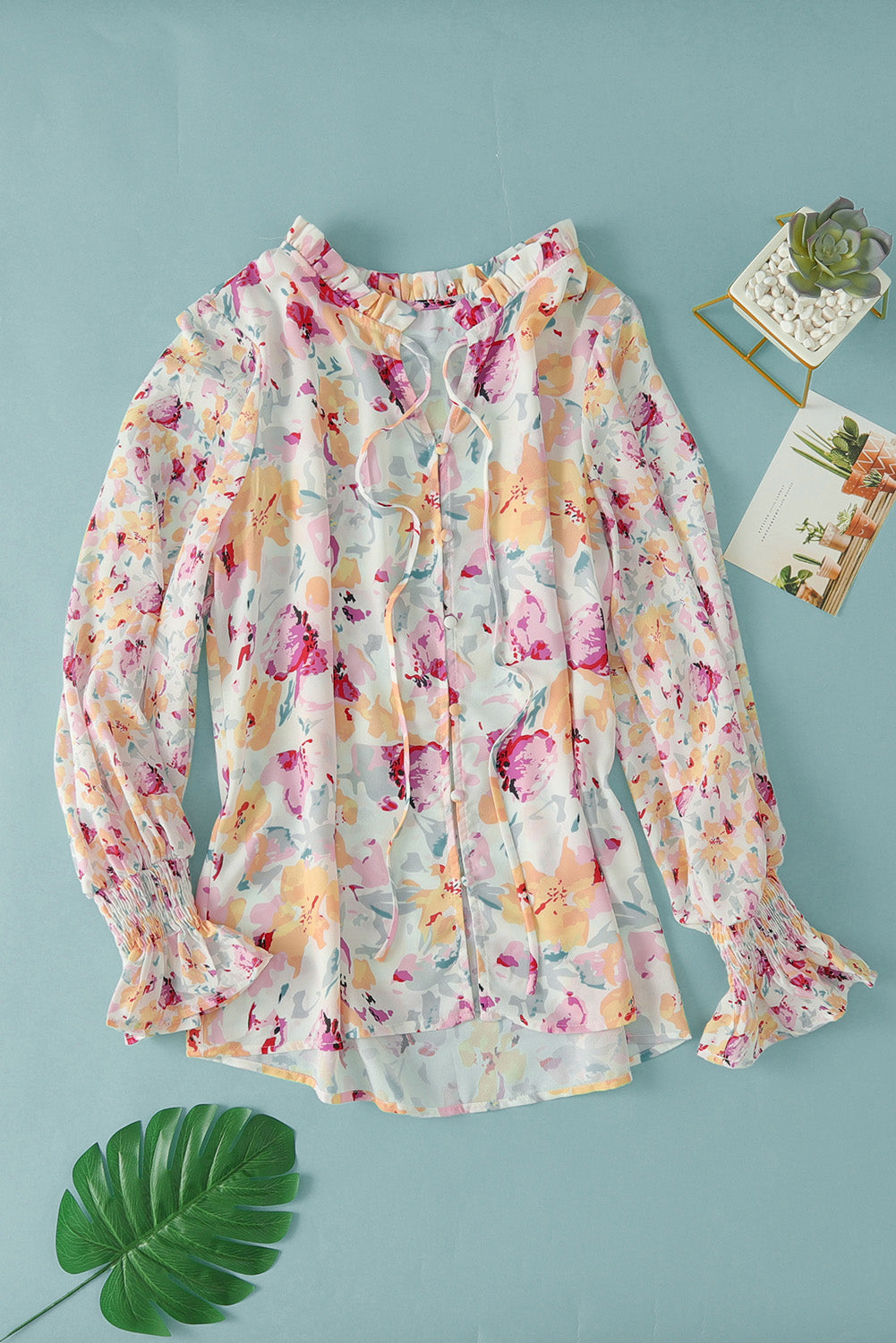 Pink Floral Print Bohemian Button Tie Front Blouse