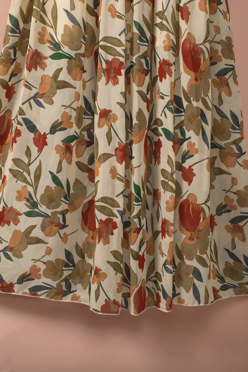 Pastel Red Floral Print Ruffle Trim Plunge Neckline Maxi Dress