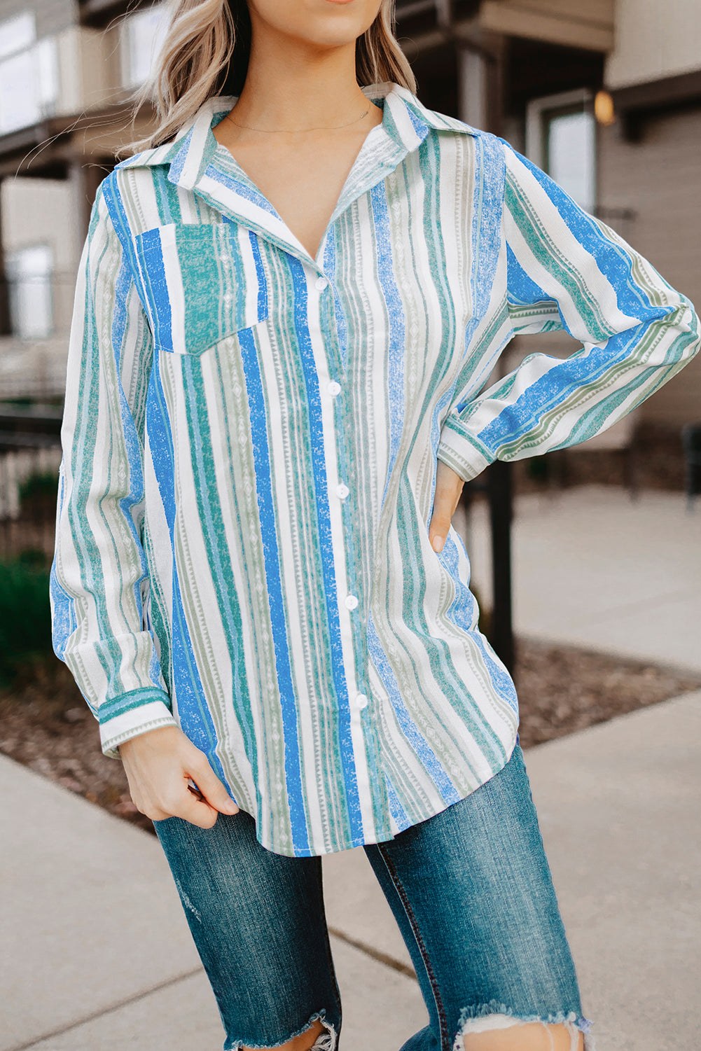 Button Up Collared Stripes Shirt for Women