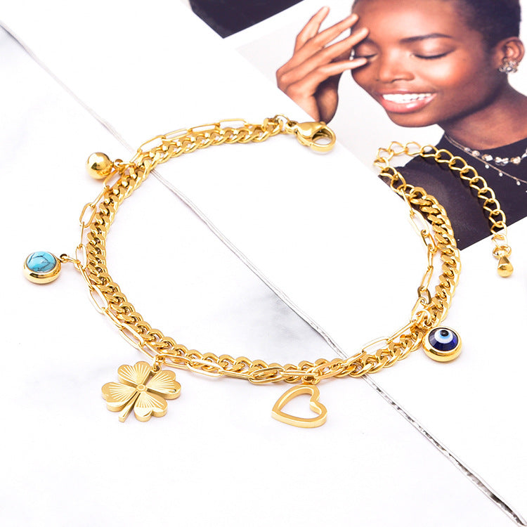 Geometric Blue-green Garnet Round Love Double-layer Bracelet