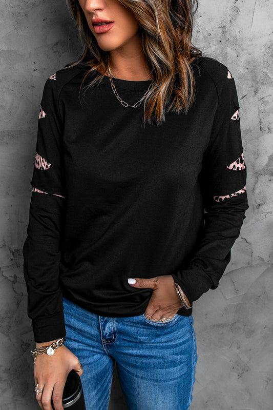 Leopard Print Distressed Raglan Sleeve Sweatshirt