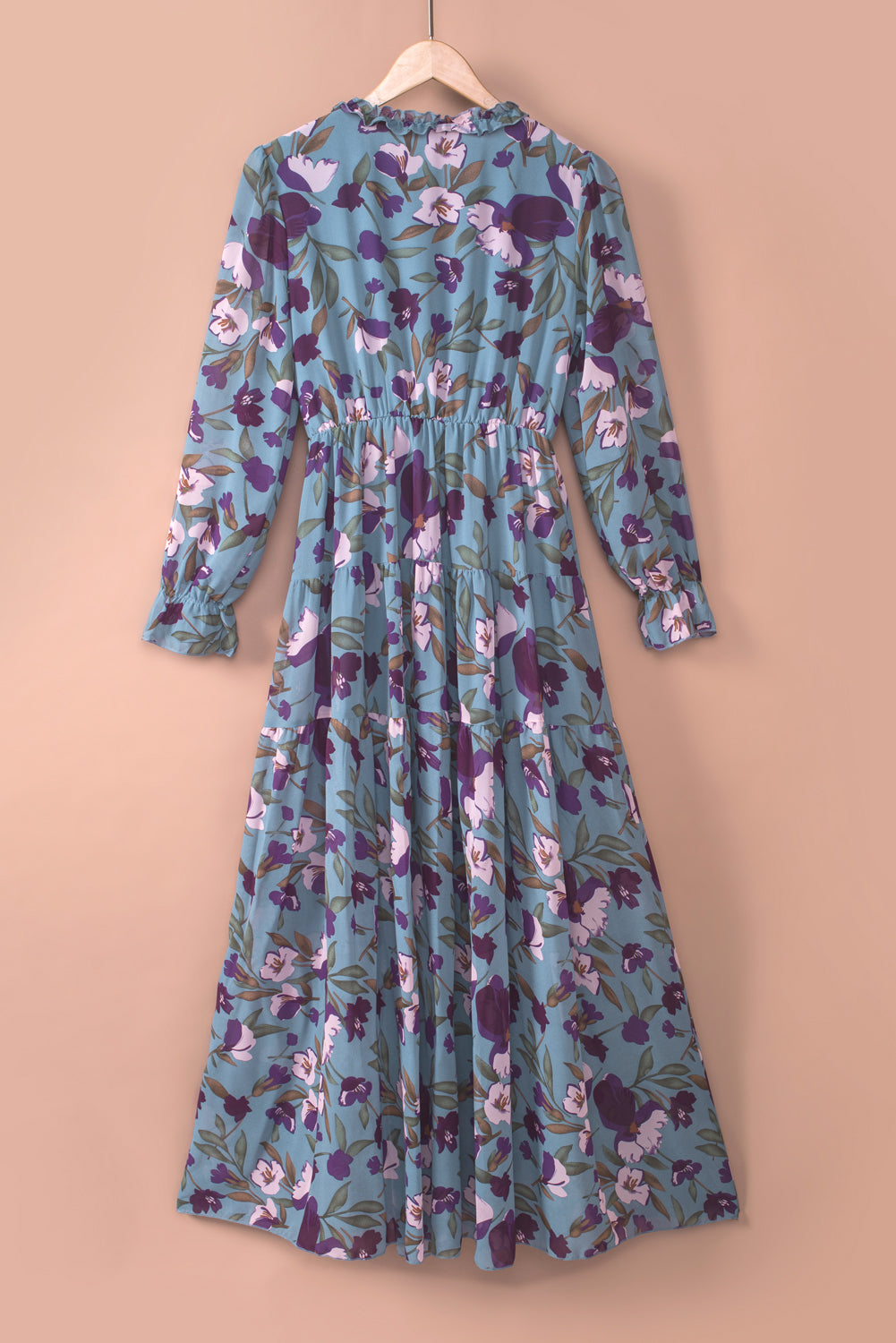 Pastel Red Floral Print Ruffle Trim Plunge Neckline Maxi Dress