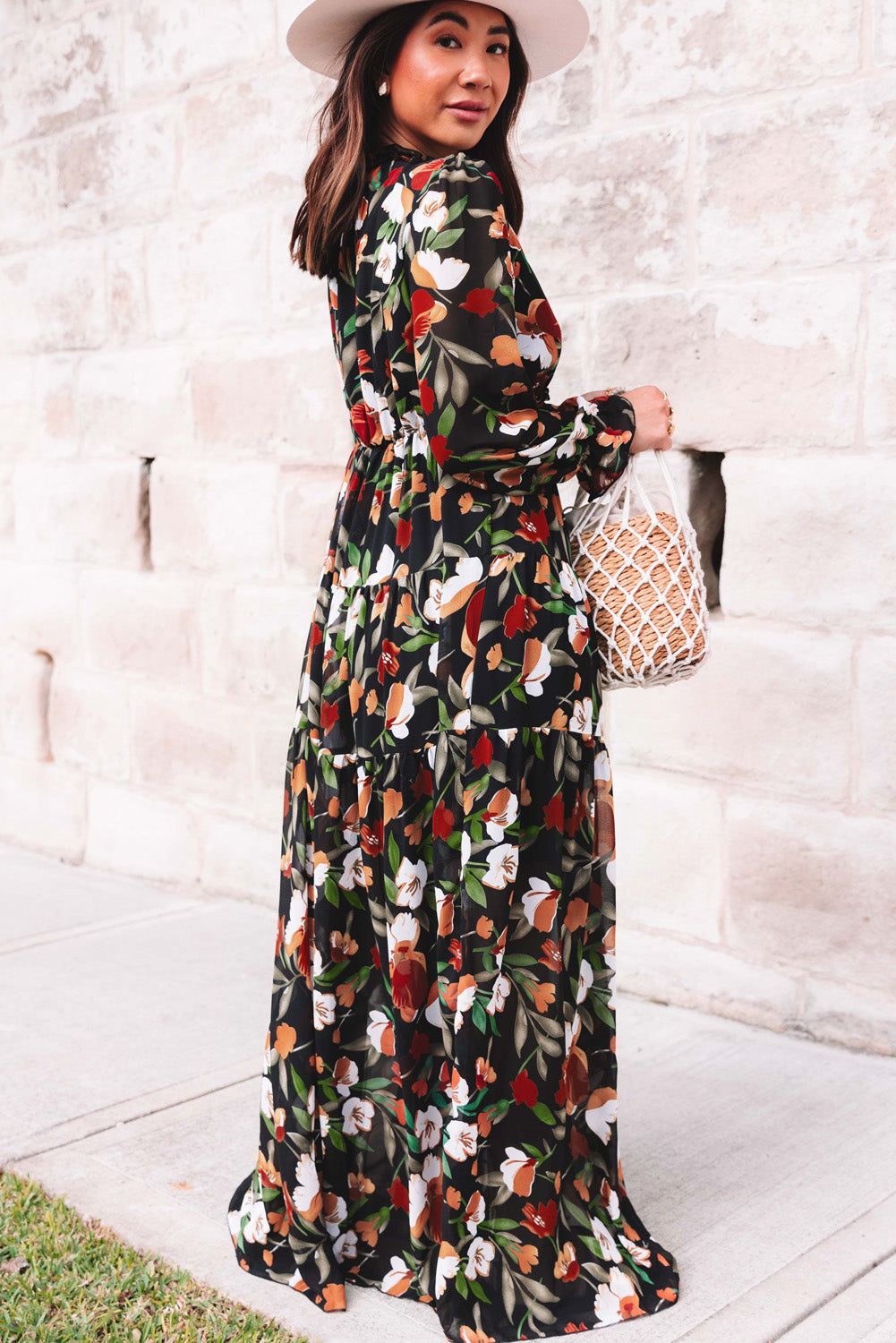 Pastel Red Floral Print Ruffle Trim Plunge Neckline Maxi Dress