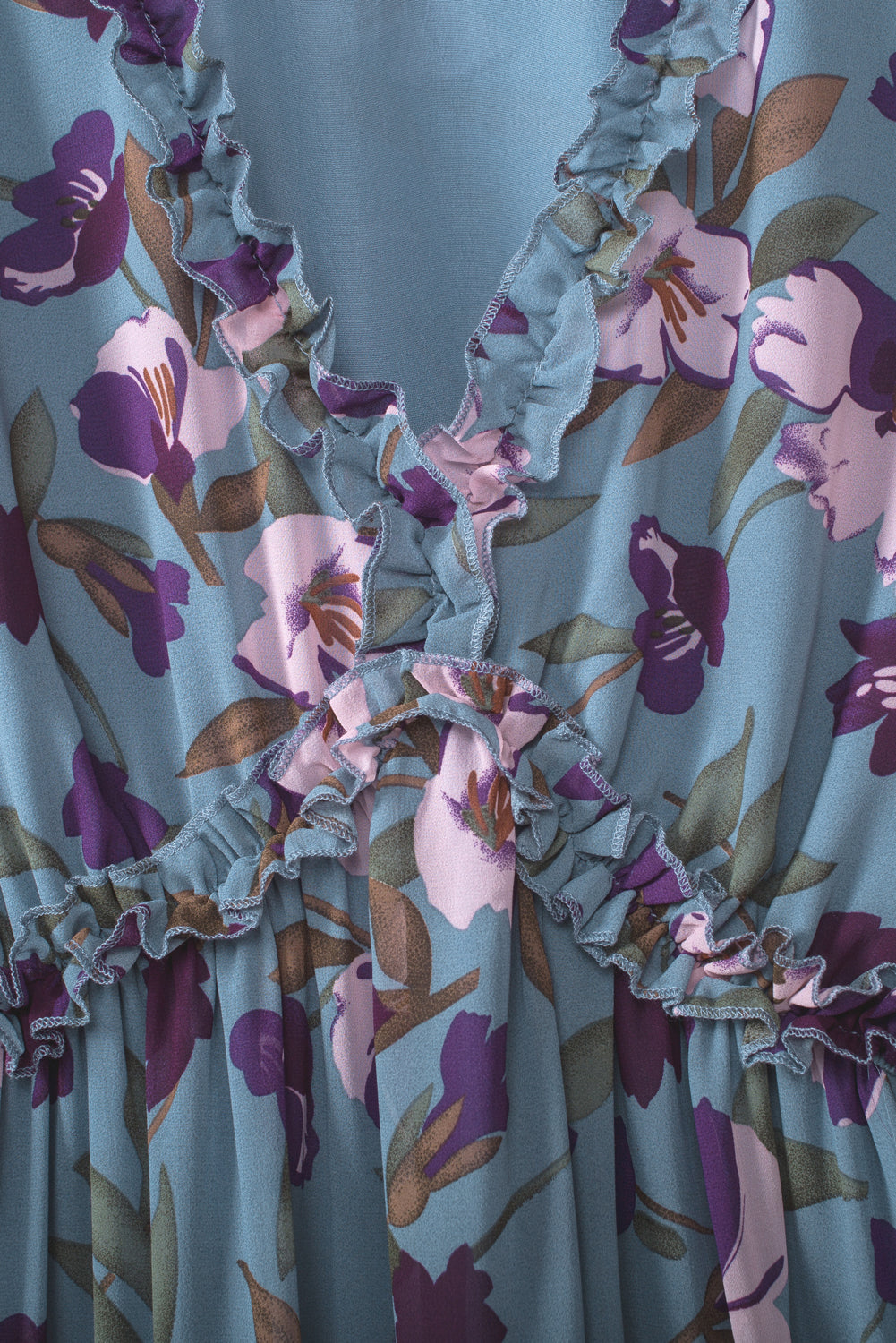 Pastel Red Floral Print Ruffle Trim Plunge Neckline Maxi Dress