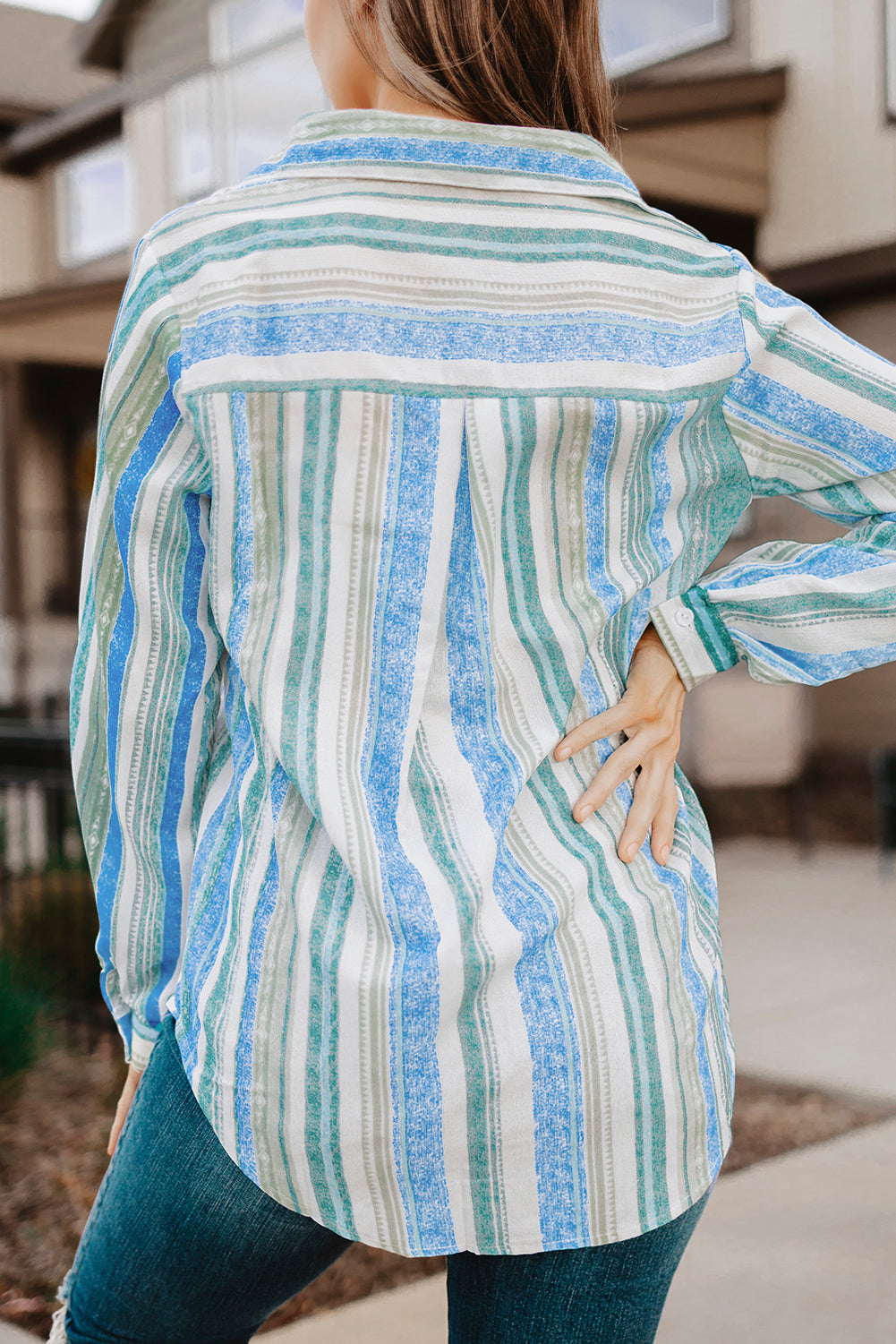 Button Up Collared Stripes Shirt for Women