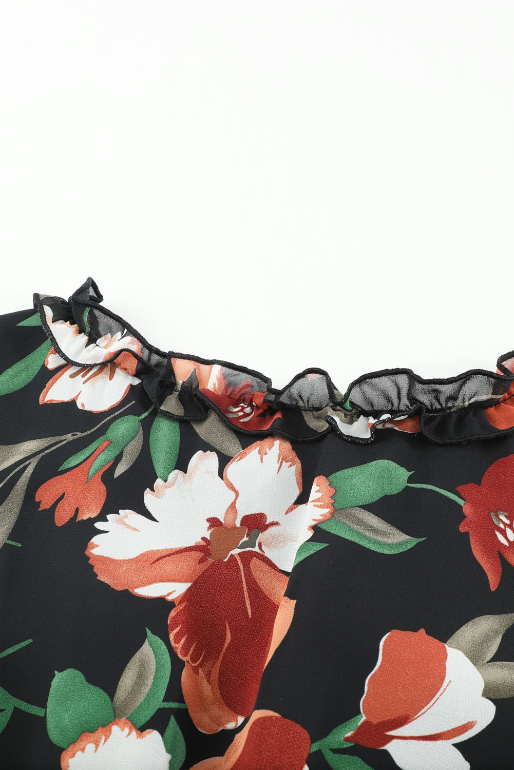 Pastel Red Floral Print Ruffle Trim Plunge Neckline Maxi Dress
