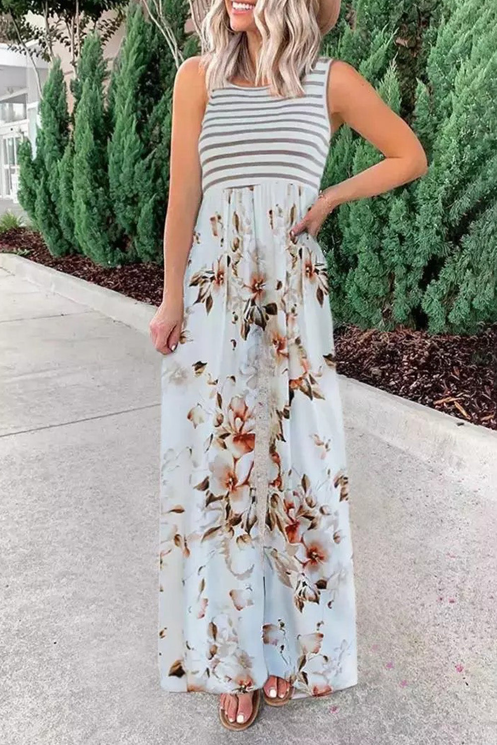 Striped Floral Pocket Sleeveless Jumpsuit With Pockets