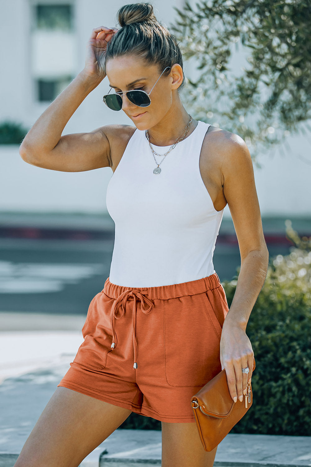 Drawstring Elastic Waist Pocketed Shorts