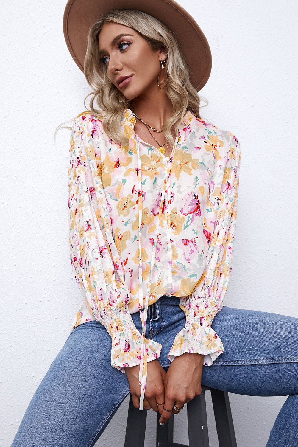 Pink Floral Print Bohemian Button Tie Front Blouse